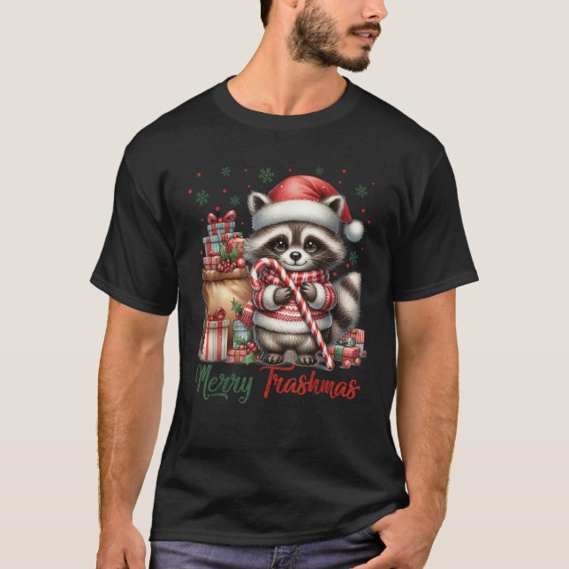 Merry Trashmas Cute Santa Raccoon Lover Candy Cane T Shirt (Framsida)