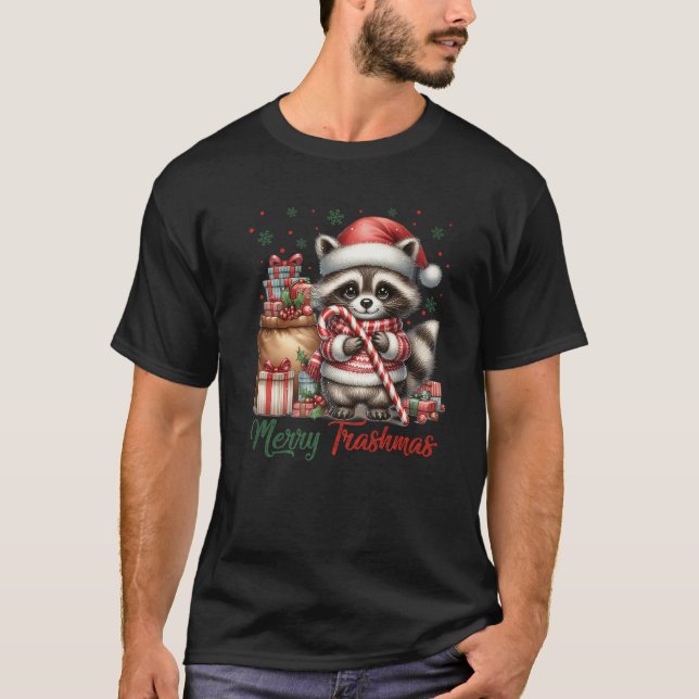 Merry Trashmas Cute Santa Raccoon Lover Candy Cane T Shirt (Framsida)