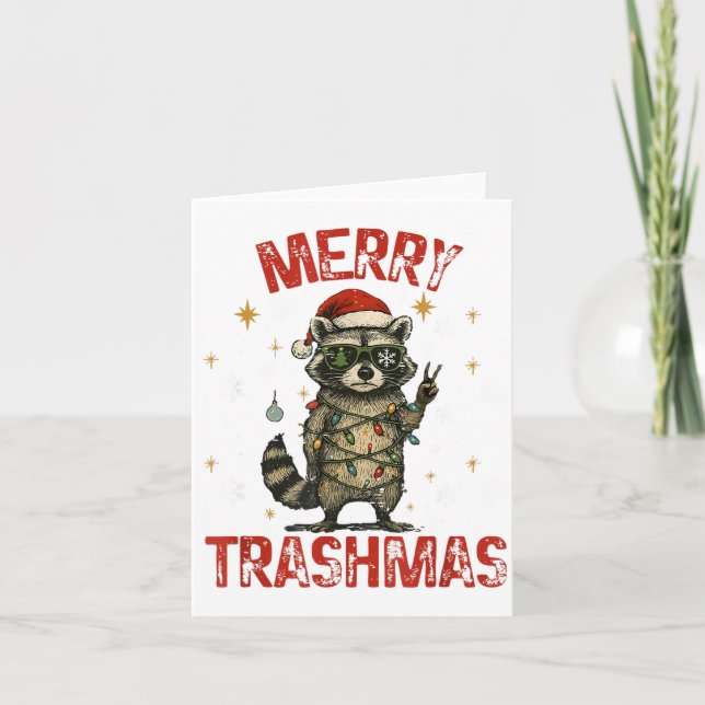 Merry Trashmas Raccoon Christmas Lights Funny Xmas Kort (Framsida)