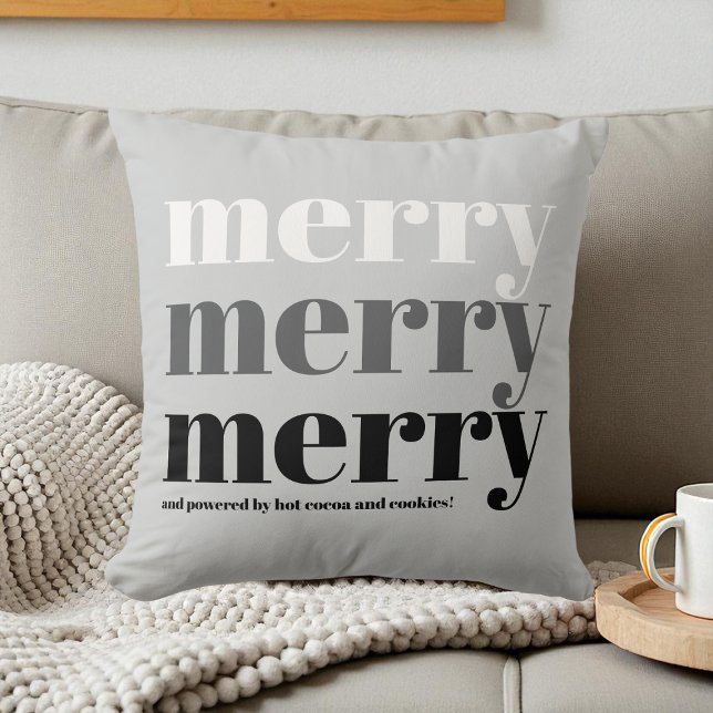 Merry Typography Grått Black White-Roligt-jul Kudde (Merry Typography Gray Black White Fun Christmas Throw Pillow)