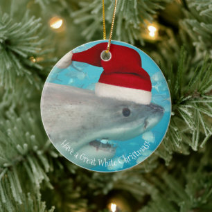 Merry Underbar White jul-Shark Santa Hat Funny Julgransprydnad Keramik