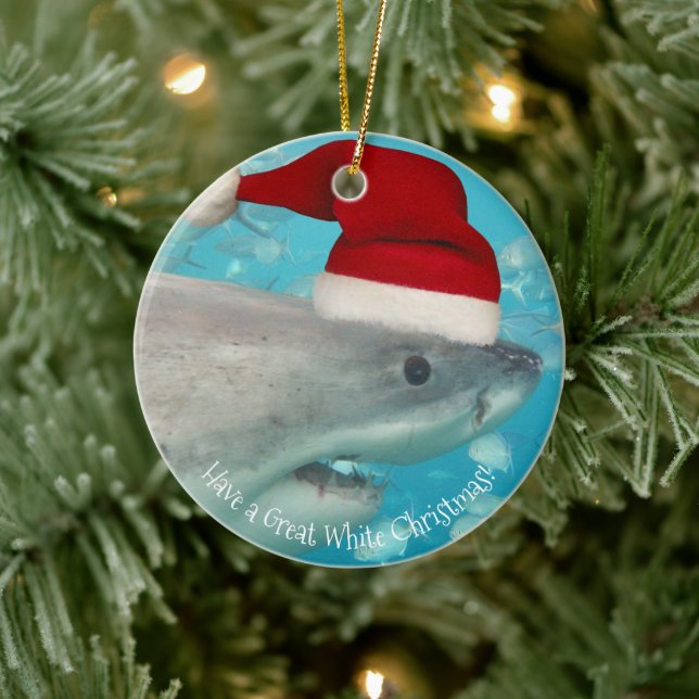 Merry Underbar White jul-Shark Santa Hat Funny Julgransprydnad Keramik (Träd)