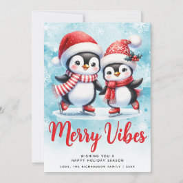 Merry Vibes Cute Penguins Blue Red Jul Julkort