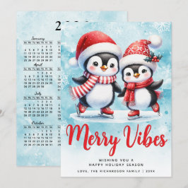 Merry Vibes Cute Penguins Blue Red Jul Julkort