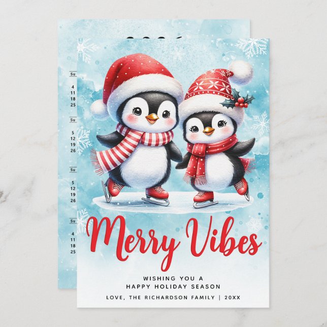 Merry Vibes Cute Penguins Blue Red Jul Julkort (Fram/baksida)