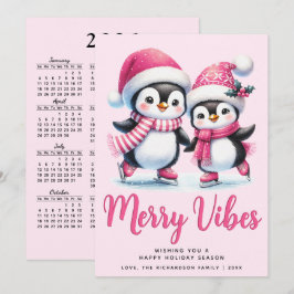 Merry Vibes Ice Skating Penguins Rosa jul Julkort