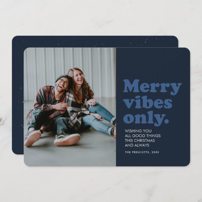 Merry vibes only fun retro navy photo julkort (Fram/baksida)