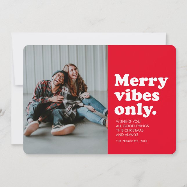Merry vibes only fun retro red photo holiday card julkort (Framsida)