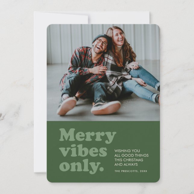 Merry vibes only retro green photo holiday card julkort (Framsida)