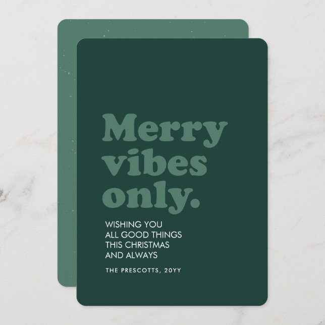 Merry vibes only retro grönt jul julkort (Fram/baksida)