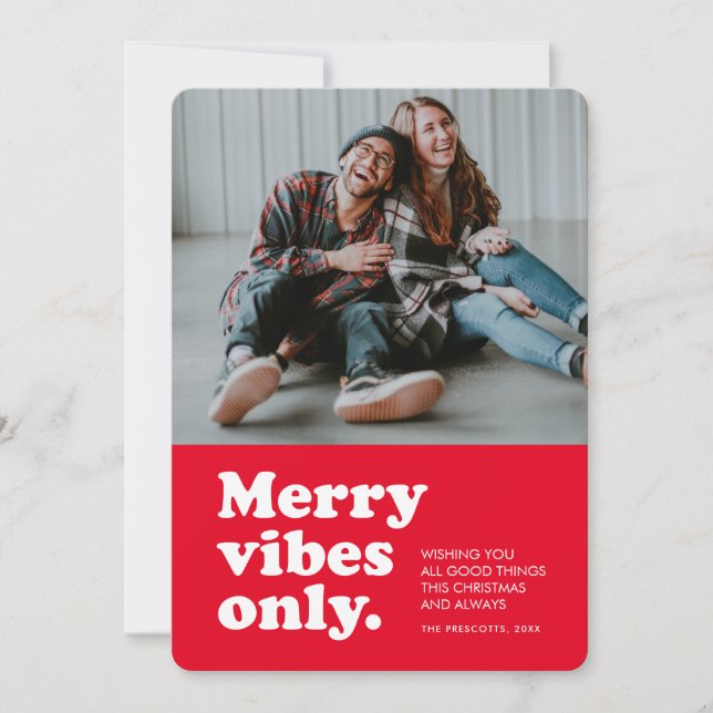 Merry vibes only retro red Christmas photo Julkort (Framsida)