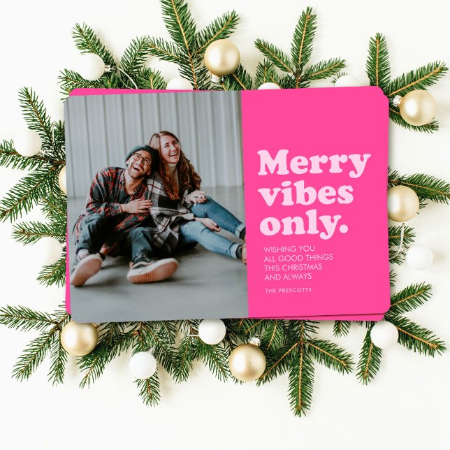 Merry vibes only roligt retro shock rosa jul julkort (Skapare uppladdad)