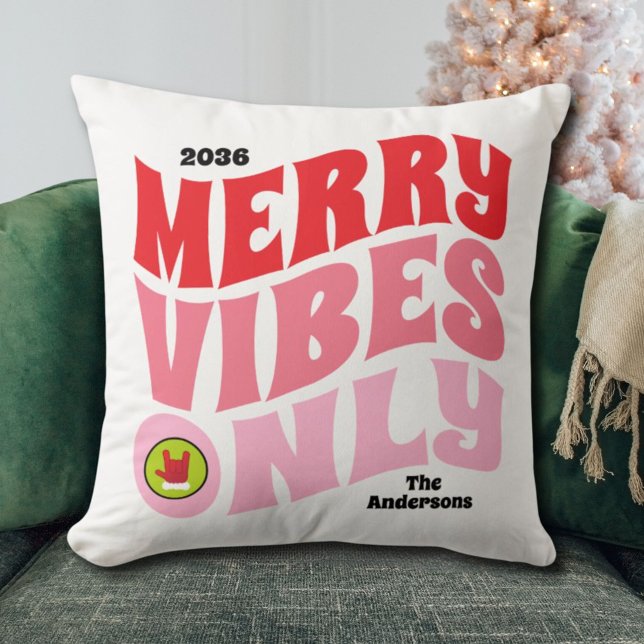 Merry Vibes Only Rosa Grönt Family-jul Kudde (Merry Vibes Only Pink Green Family Christmas Throw Pillow)