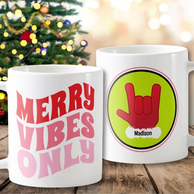 Merry Vibes Only Rosa Grönt Namn Coola jul Kaffemugg (Merry Vibes Only Pink Green Name Cool Christmas Coffee Mug)
