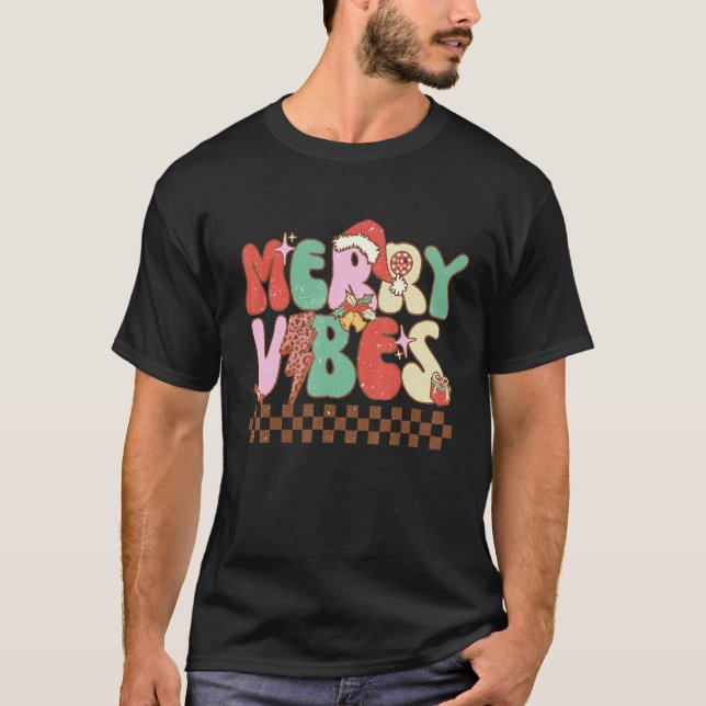 Merry Vibes Retro Christmas Candy Cane Christmas v T Shirt (Framsida)