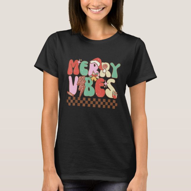 Merry Vibes Retro Christmas Candy Cane Christmas v T Shirt (Framsida)