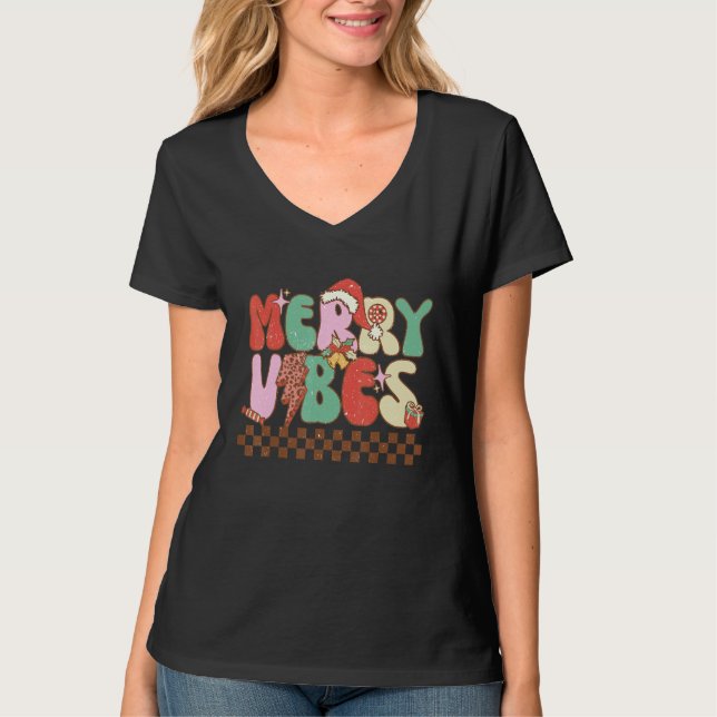 Merry Vibes Retro Christmas Candy Cane Christmas v T Shirt (Framsida)
