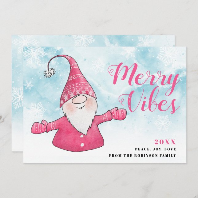 Merry Vibes Snowy Blue Cute Rosa Gnome jul Julkort (Fram/baksida)