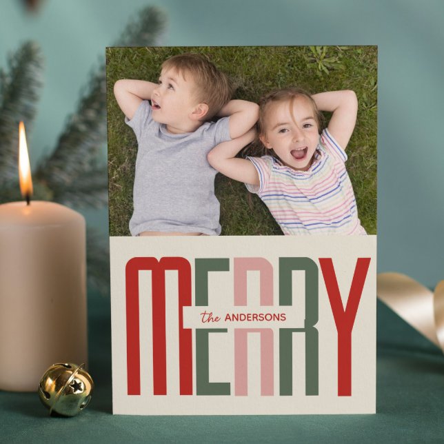 Merry Vintage-skript Foto jul Julkort (Merry Vintage script Photo Christmas Holiday Card)