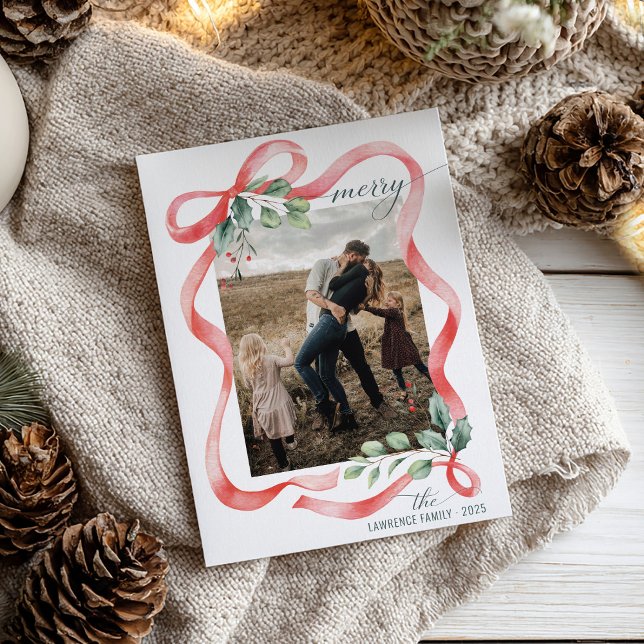 Merry Watercolor Bow Ram One Photo jul Julkort (Whimsical watercolor red ribbon bow with holly greenery Merry Christmas unique photo Holiday Card)