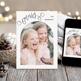 Merry Whimsical Script Simple Arch Photo Christmas Julkort