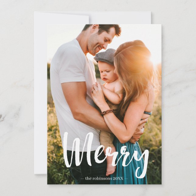 Merry White Script Overlay Photo Collage Family Julkort (Framsida)