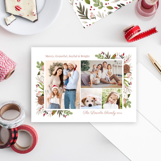 Merry Winter Blommigt 4 Bild Family Photo Collage Julkort (Skapare uppladdad)