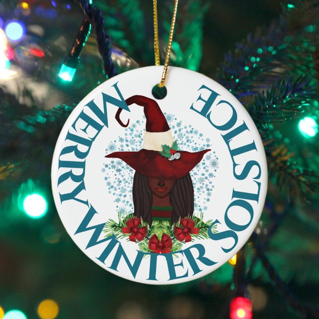 Merry Winter Solstice African American Yule Witch Julgransprydnad Keramik (Skapare uppladdad)
