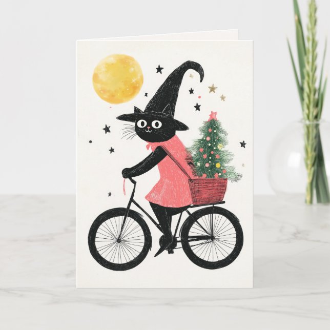 Merry Witchmas Cycling Black Cat Quirky jul Kort (Framsida)