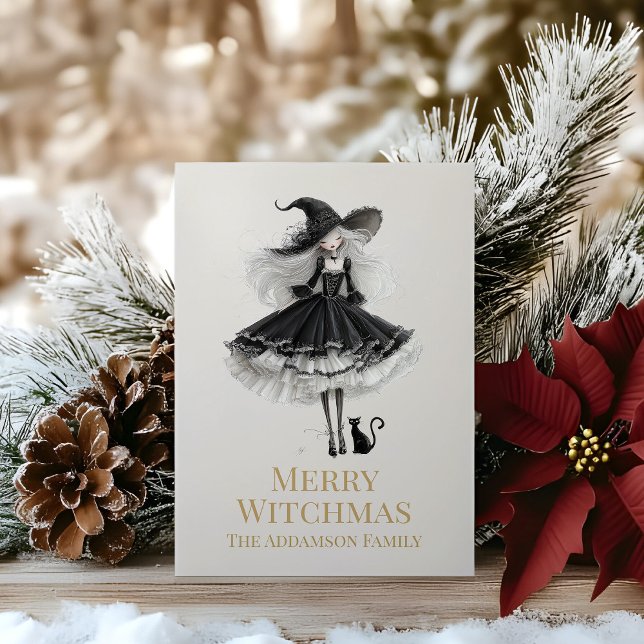Merry Witchmas Dark Gothic Witch Holiday Card Julkort (Merry Witchmas Dark Gothic Witch Holiday Card on a wooden table with Christmas decoration)