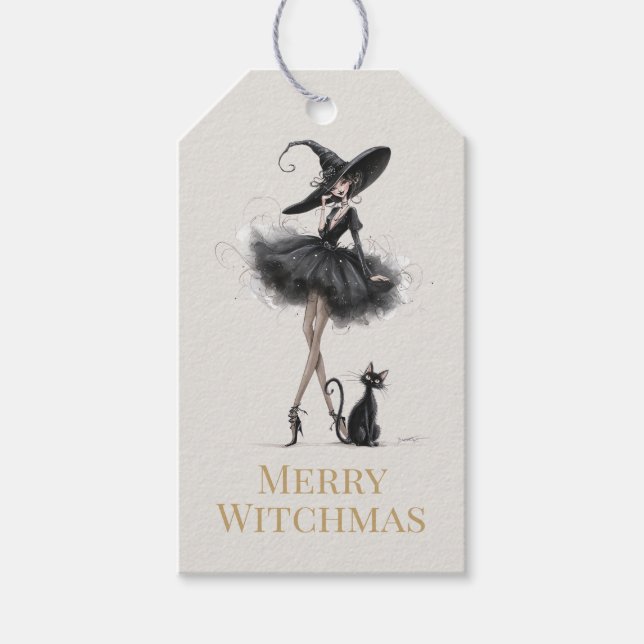 Merry Witchmas – Playful Gothic Witch Gift Tag Presentetikett (Framsidan)
