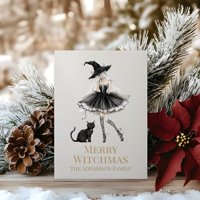 Merry Witchmas Playful Witch Custom Holiday Card Julkort (Merry Witchmas Playful Witch Custom Holiday Card on a wooden table with Christmas decoration)