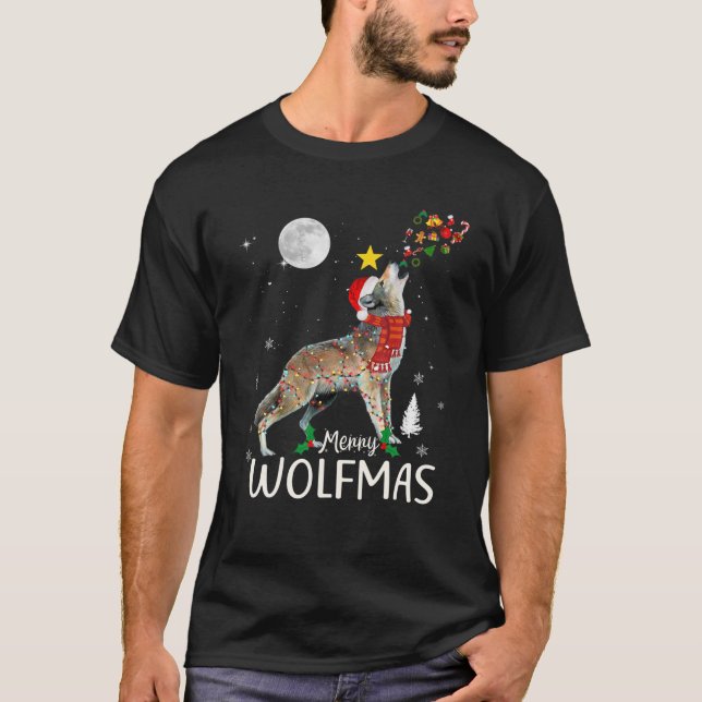 Merry Wolfmas Christmas Funny Wolf Santa Hat Wolve T Shirt (Framsida)