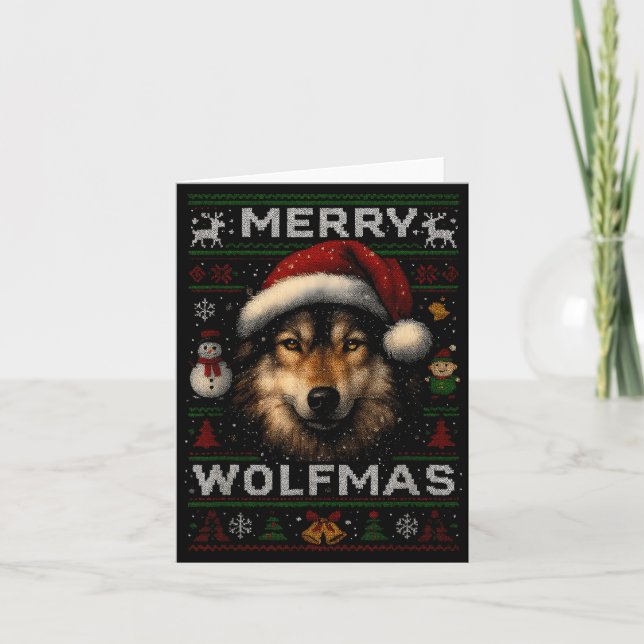 Merry Wolfmas Merry Christmas Wolf Ugly Sweater Fu Kort (Framsida)