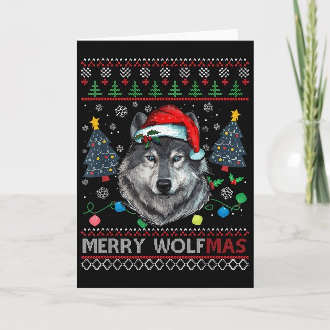 Merry Wolfmas Merry Christmas Wolf Ugly Sweater Fu Kort (Framsida)