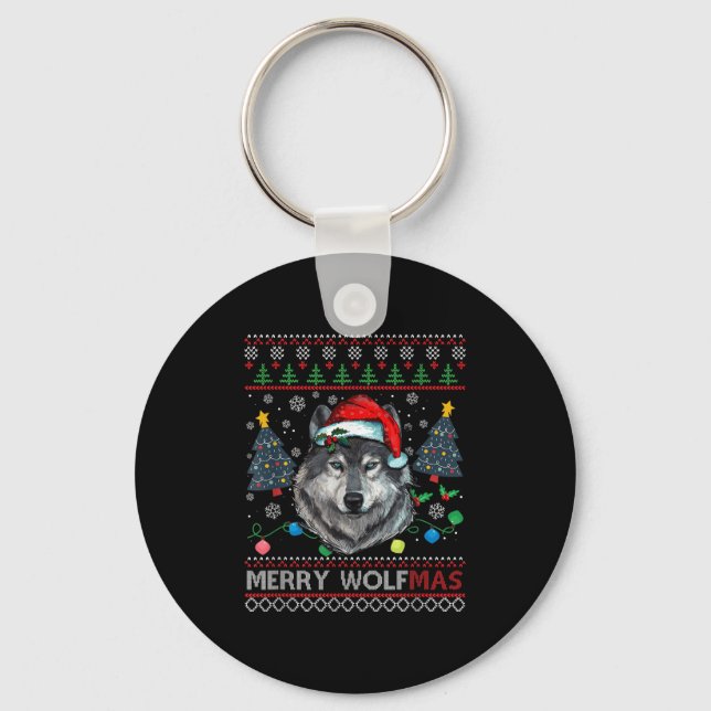 Merry Wolfmas Merry Christmas Wolf Ugly Sweater Fu Nyckelring (Framsida)