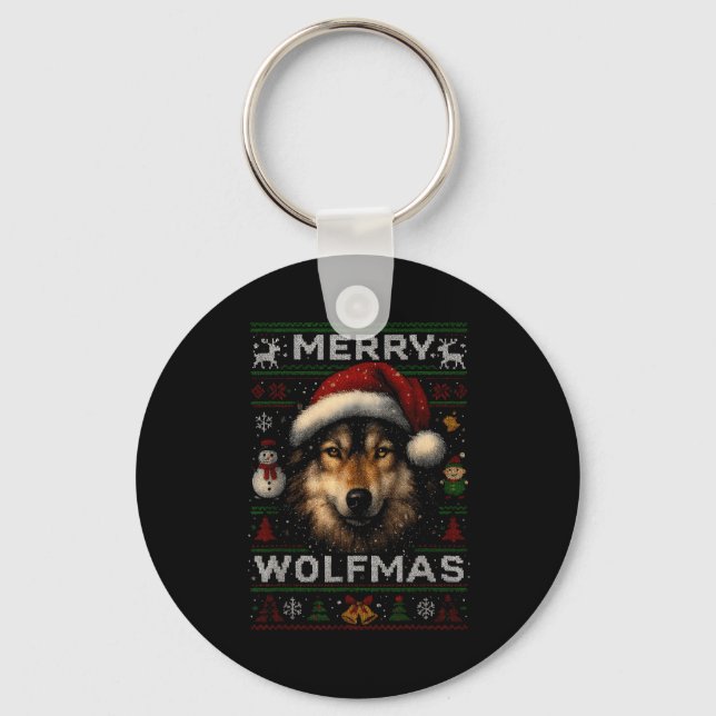 Merry Wolfmas Merry Christmas Wolf Ugly Sweater Fu Nyckelring (Framsida)