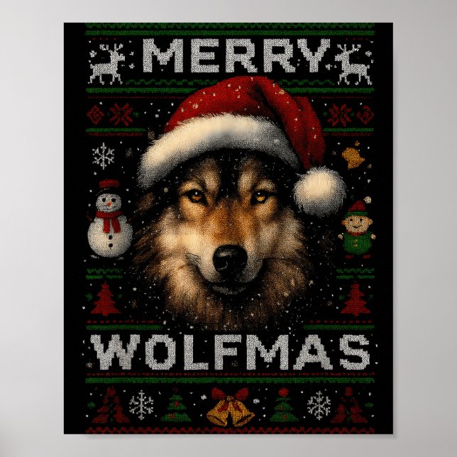 Merry Wolfmas Merry Christmas Wolf Ugly Sweater Fu Poster (Framsidan)