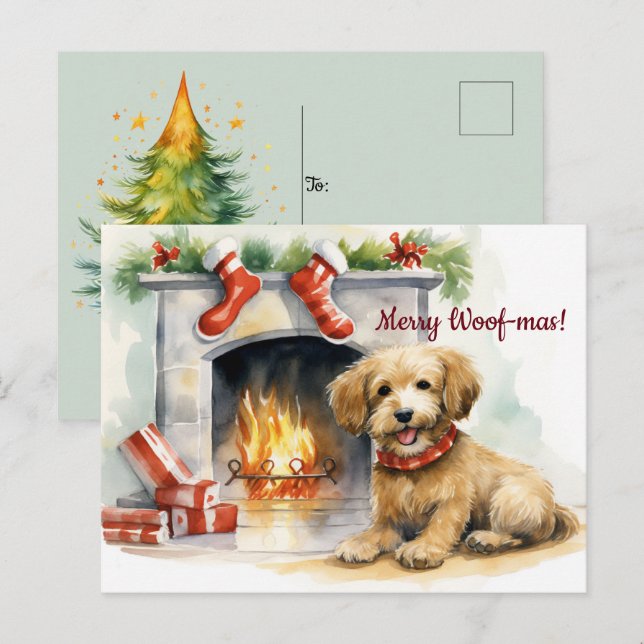 Merry Woof-mas Hund Fireplace jul Vykort (Fram/baksida)