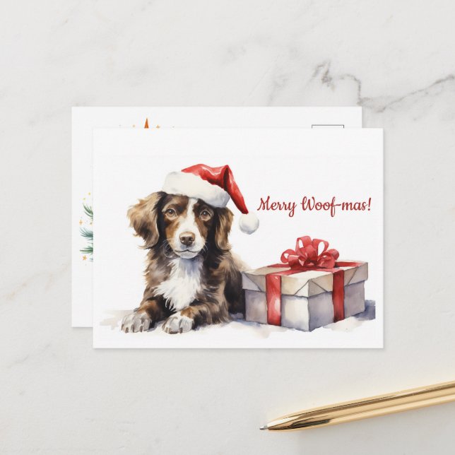 Merry Woof-mas Hund Santa Hat julvykort Vykort (Fram/Back In Situ)