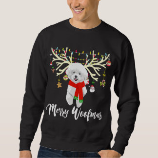 Merry Woofmas Bichon Frise Reindeer jul-Hund Lång Ärmad Tröja
