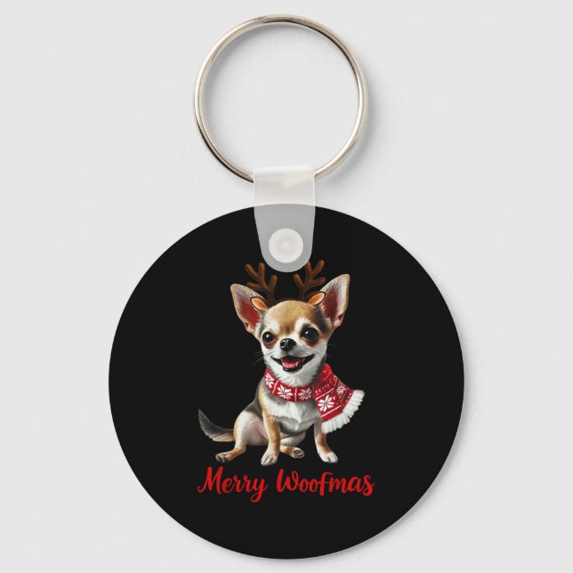 Merry Woofmas Chihuahua Dog Meme In Reindeer Antle Nyckelring (Framsida)