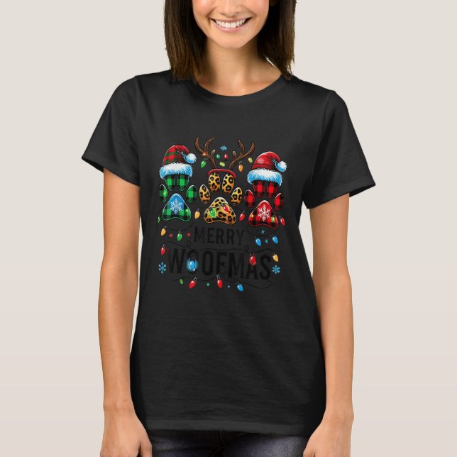 Merry Woofmas Christmas Dog Paws Lights Buffalo Pl T Shirt (Framsida)