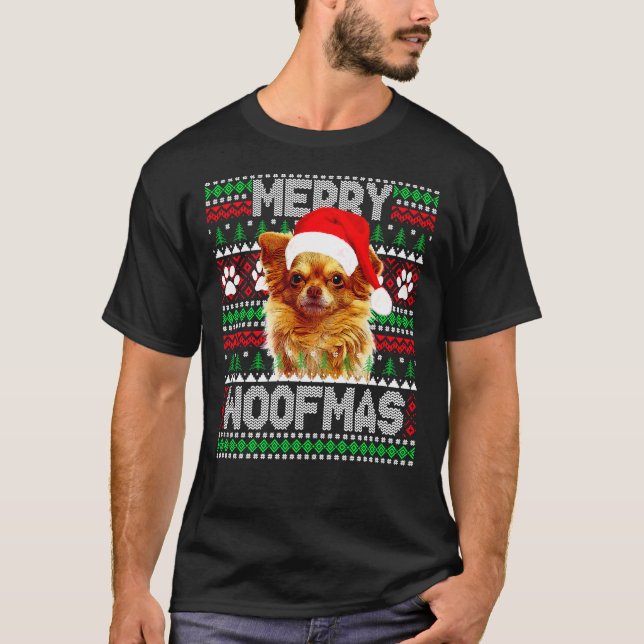 Merry Woofmas Cute Long Jacka Chihuahua Hund Ugly  T Shirt (Framsida)