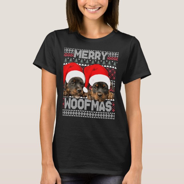 Merry Woofmas Cute Rottweiler-valpar med Santa H T Shirt (Framsida)