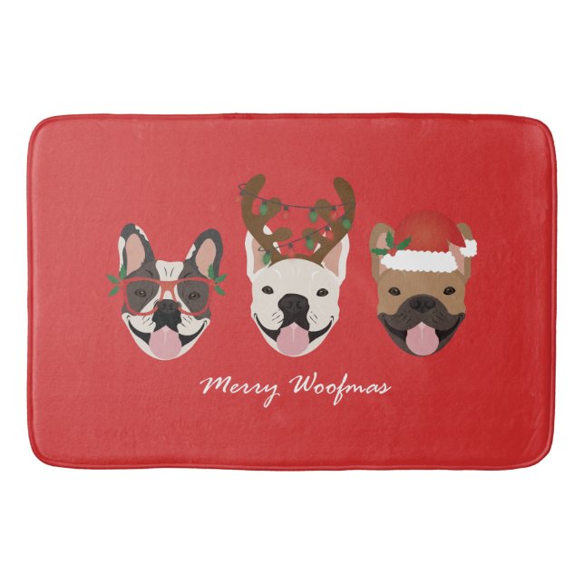 Merry Woofmas Fransk Bulldog Jullhuvuden Badrumsmatta (Framsidan)
