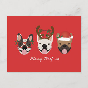 Merry Woofmas Fransk Bulldog Jullhuvuden Helg Vykort