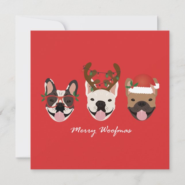 Merry Woofmas Fransk Bulldog Jullhuvuden Kort (Framsida)