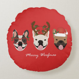 Merry Woofmas Fransk Bulldog Jullhuvuden Rund Kudde