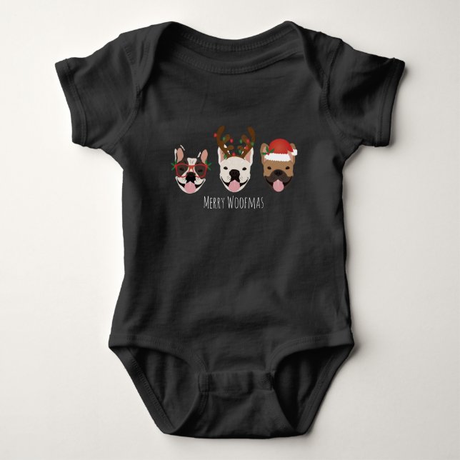 Merry Woofmas Fransk Bulldog Jullhuvuden T Shirt (Framsida)